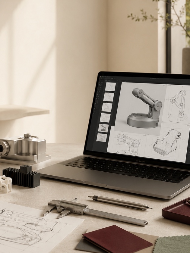 Xeotype product studio with laptop and product drawing